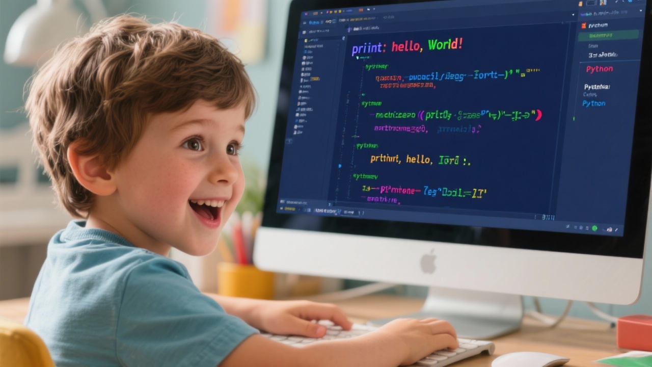 아이들이 파이썬 첫 코딩 문장인 Hello, World!를 입력하며 성공을 경험하는 모습