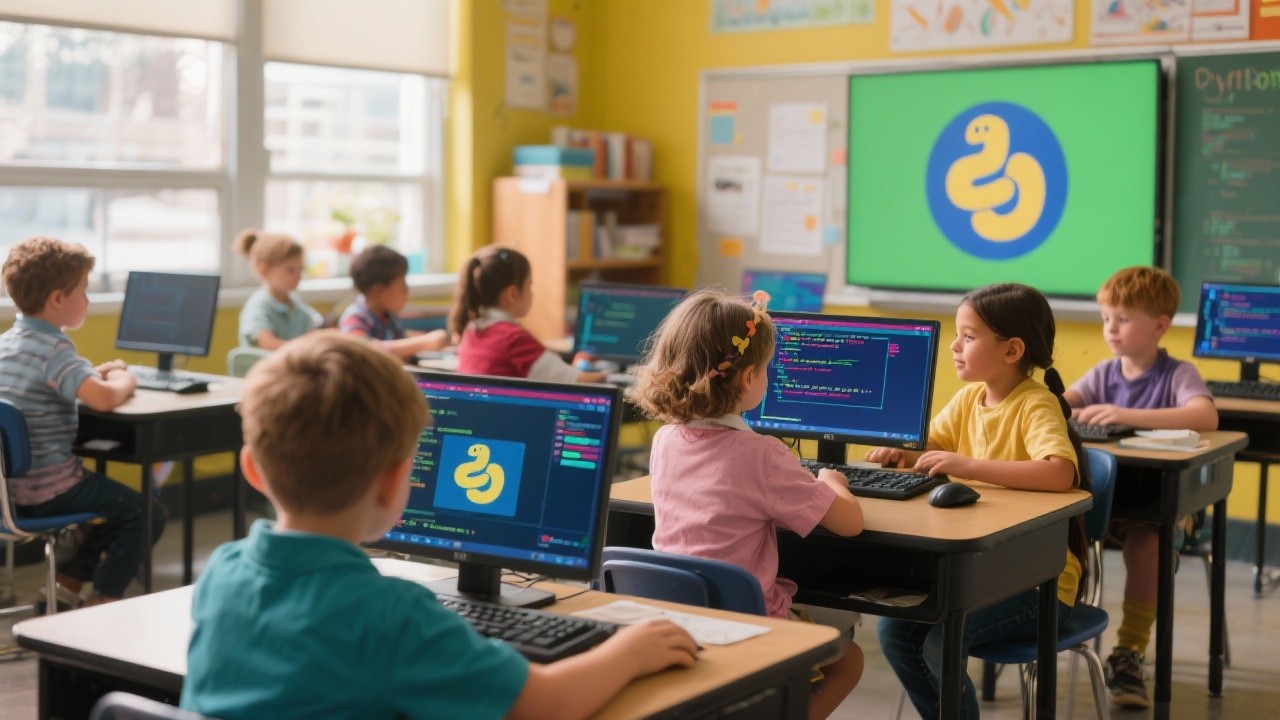 초등학생들이 컴퓨터 앞에서 파이썬 코딩을 배우는 모습의 교실 장면