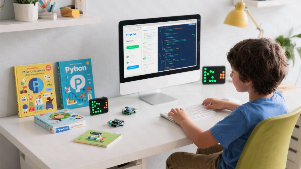 아이들이 파이썬 학습 플랫폼, 책, 마이크로비트를 이용해 코딩을 배우는 모습
