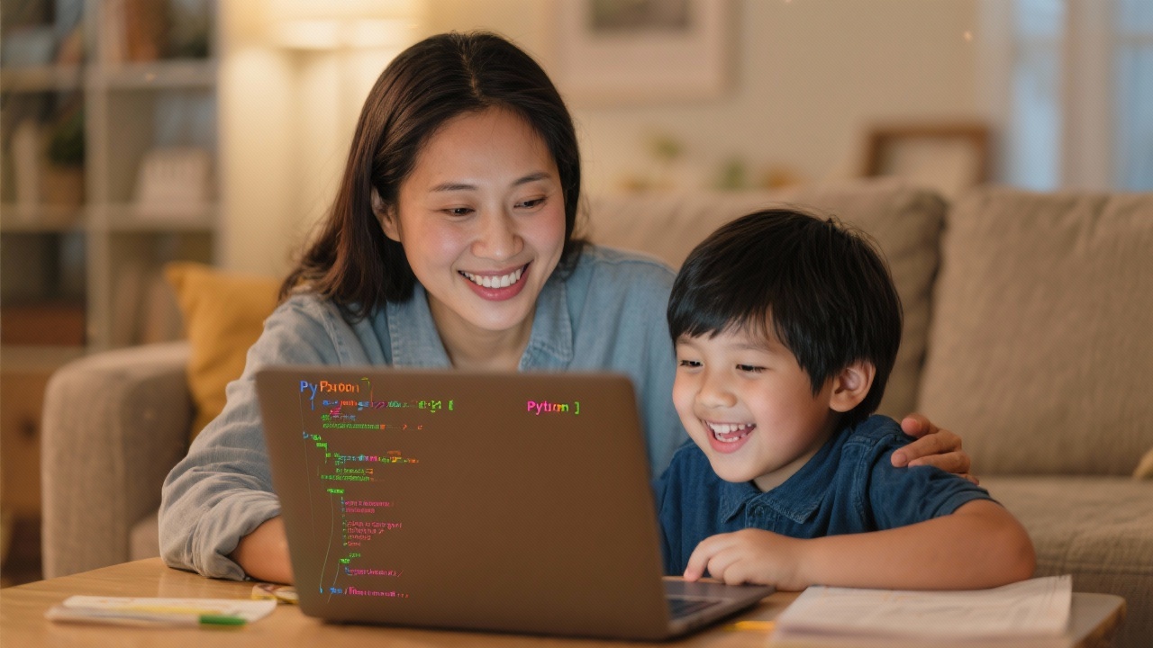 부모와 아이가 함께 파이썬 코딩을 배우며 소통하고 협력하는 가족의 모습